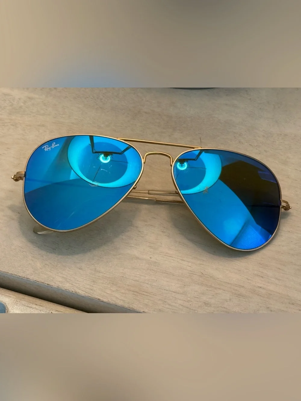 Ray-Ban Gold Aviator Sunglasses with Blue Mirrored Lenses